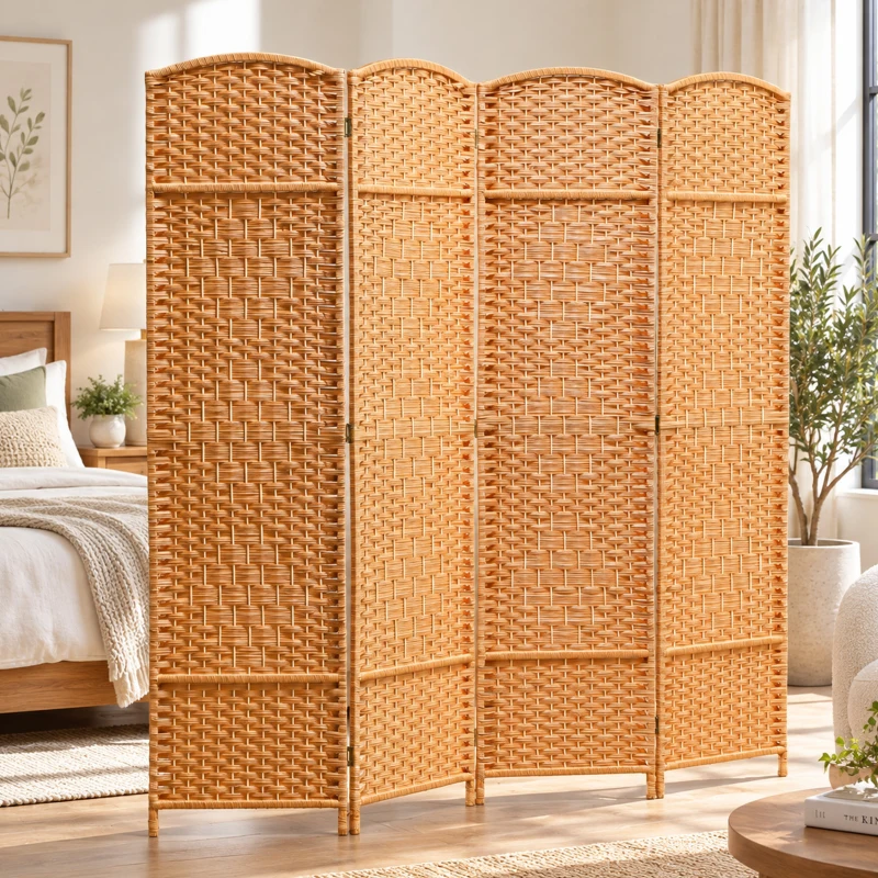 HOMCOM Paravent intérieur en bois 4 panneaux séparateur de pièce pliable pour salon chambre 180 x 180 cm brun clair