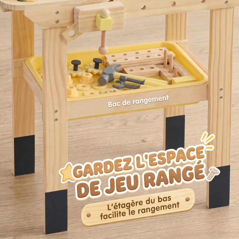 AIYAPLAY Établi en Bois pour Enfants avec 28 Accessoires, Boîte de Rangement, Établi d'Imitation dès 3 à 8 Ans, Naturel