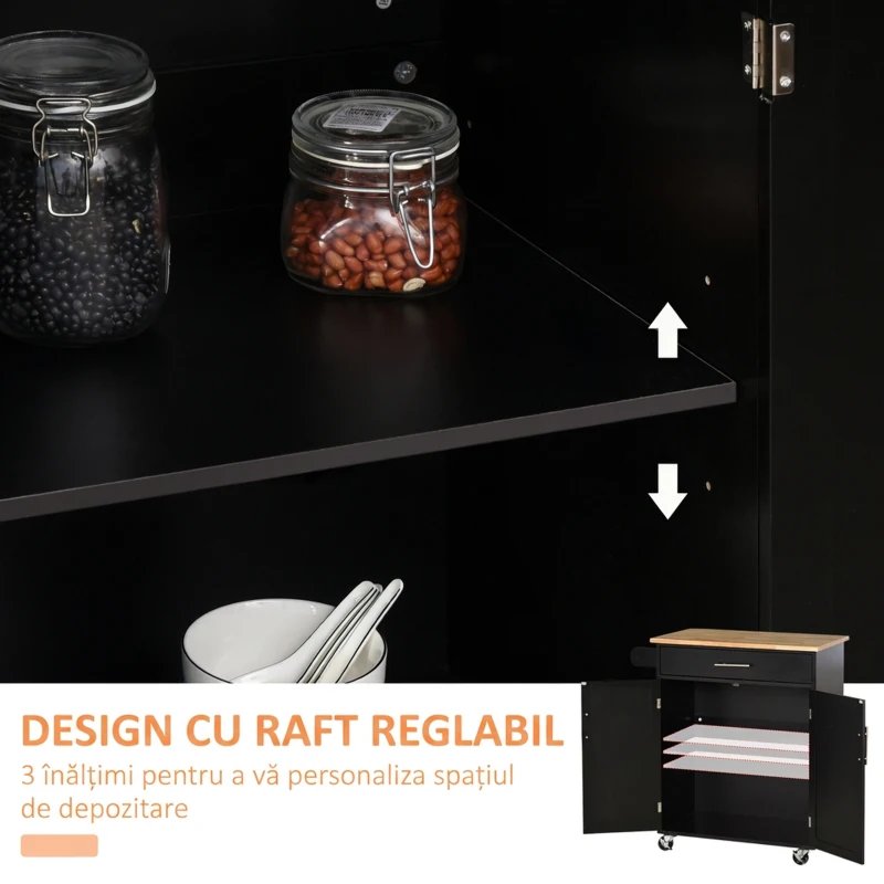 HOMCOM Dulap mobil de bucătărie cu sertar, dulap cu 2 uși, roți și bară laterală, 83x45x91.5cm, negru(m-7)