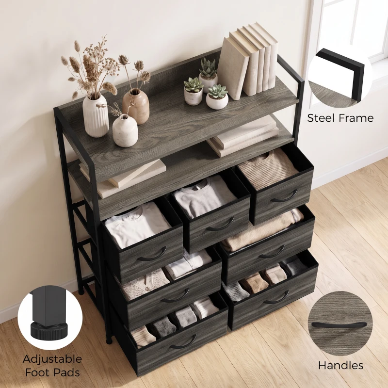 HOMCOM Chest of Drawers, Bedroom Fabric Dresser with 7 Drawers, Storage Organiser Unit with Open Shelves, Grey Wood-Effect
