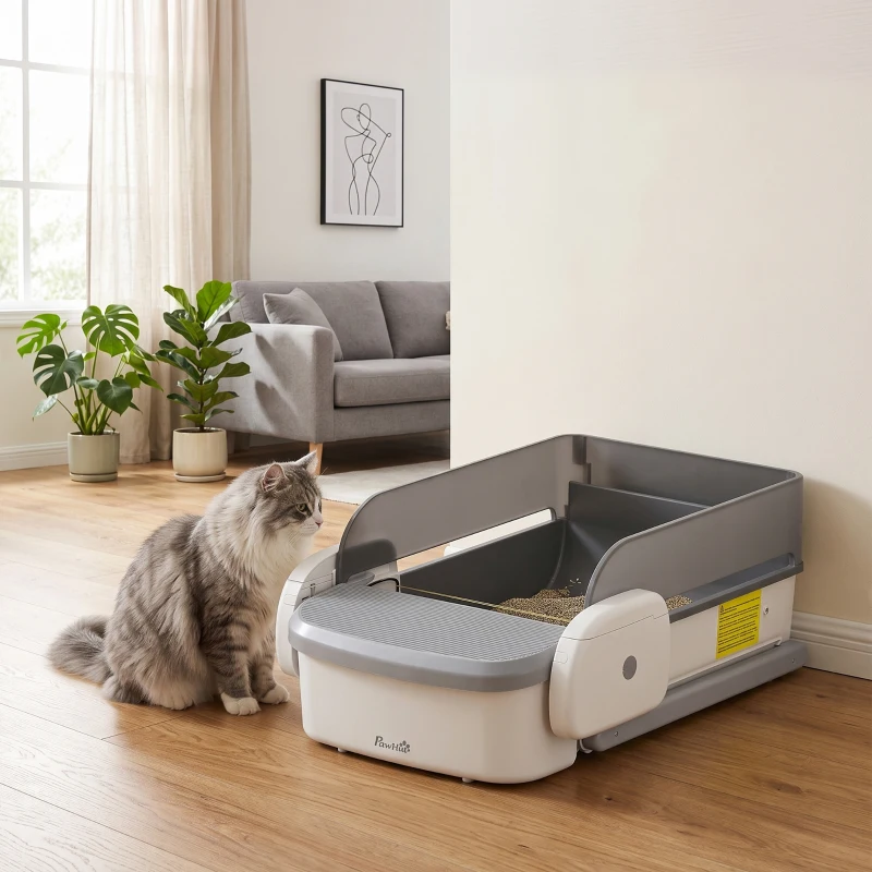 PawHut Self Cleaning Cat Litter Tray, Open-Top Automatic Litter Box with APP Control, Clumping Rake, 10L Waste Bin