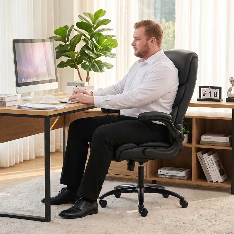 HOMCOM Office Chair, 180kg Heavy Duty PU Leather Computer Desk Chair with Flip-Up Armrests, Wide Seat, Spring Cushion, Black