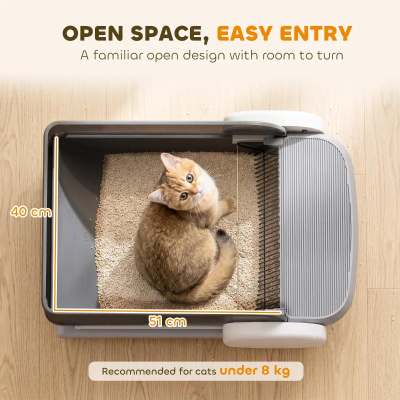 PawHut Litière Chat Autonettoyante Design Ouvert avec Râteau Contrôle TUYA Sécurité Anti-Pincement Bac 10L 72x54x31cm Gris