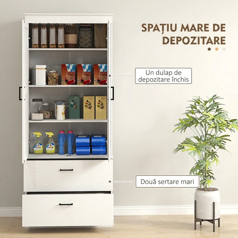 HOMCOM Bufet Înalt de Bucătărie 178 cm, Dulap Tip Cămară cu 2 Sertare și Rafturi Reglabile, pentru Dining și Living, 75x39x178 cm, Crem