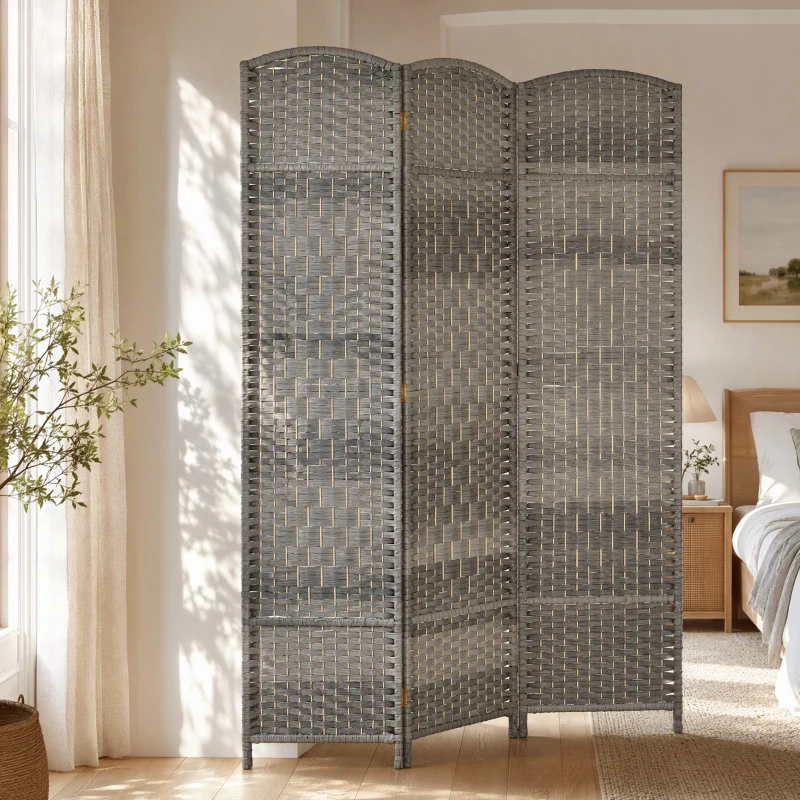 HOMCOM Biombo Dobrável de 3 Painéis Divisor de Ambientes 135x180 cm Ecrã de Privacidade de Polipropileno  Cinza Misto
