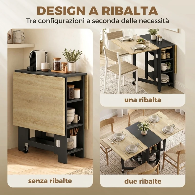 HOMCOM Tavolo Pieghevole Salvaspazio Con Ruote 2-4 Posti Rovere E Nero