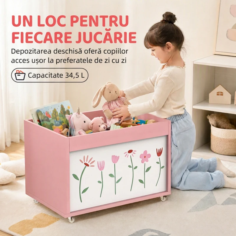 AIYAPLAY Cufăr pentru jucării copii 3-8 ani cu roți, 34,5 L, 15 kg, 50 x 30 x 33,5 cm, pentru dormitor, roz