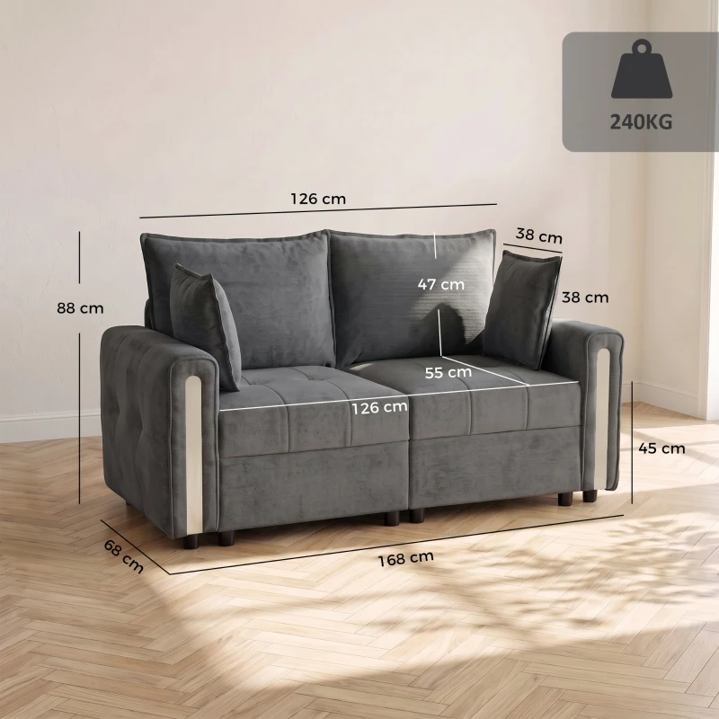 HOMCOM 2 Seater Sofa with Lift-Up Storage, 168 cm Comfy Velvet Small Couch with Wide Deep Seat, Plush Backrest, Thick Padding, 2 Pillows, Loveseat for Living Room, Home Office, Dark Grey