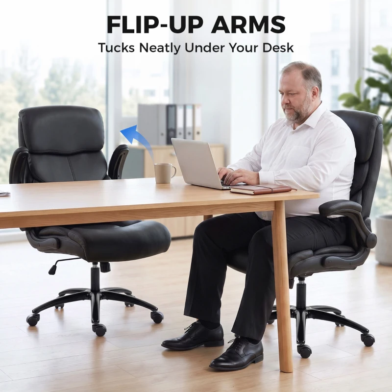 HOMCOM Office Chair, 180kg Heavy Duty PU Leather Computer Desk Chair with Flip-Up Armrests, Wide Seat, Spring Cushion, Black