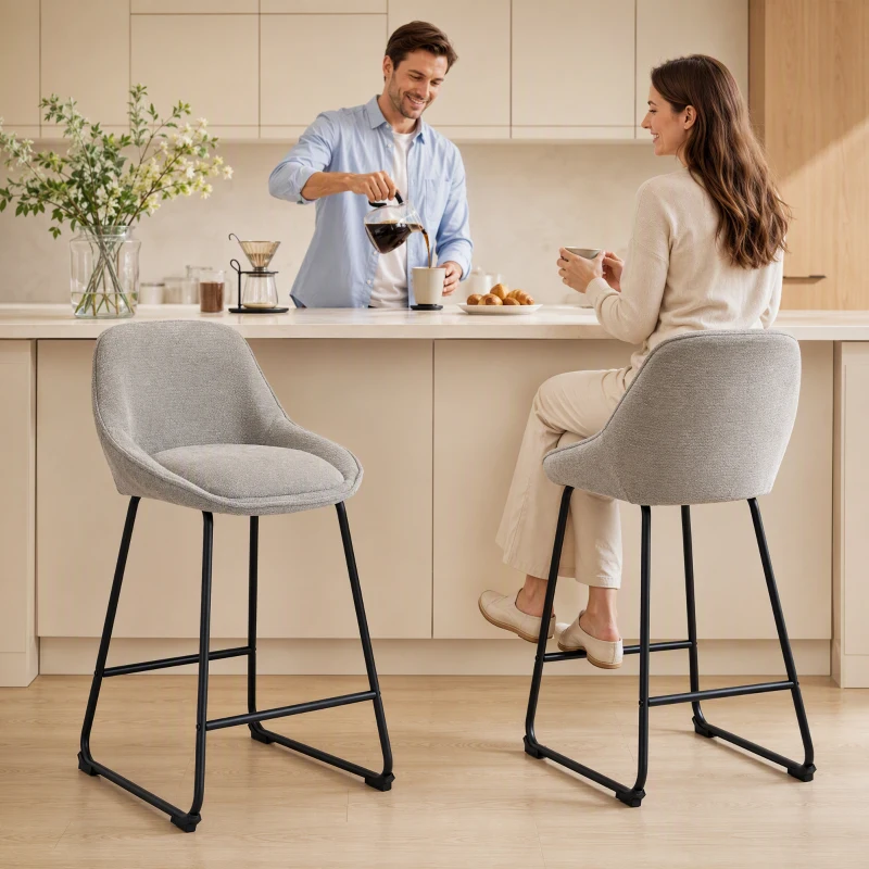 HOMCOM Lot de 2 Tabourets de Bar, Chaises de Bar en Chenille, Assise Rembourrée 64H cm, Dossier et Repose-Pieds, Gris