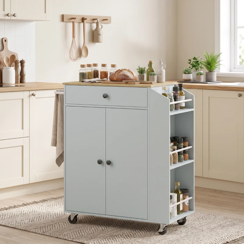 HOMCOM Rolling Kitchen Island with 3-Tier Spice Rack, Kitchen Storage Cart with Drawer and Towel Rack, Light Blue