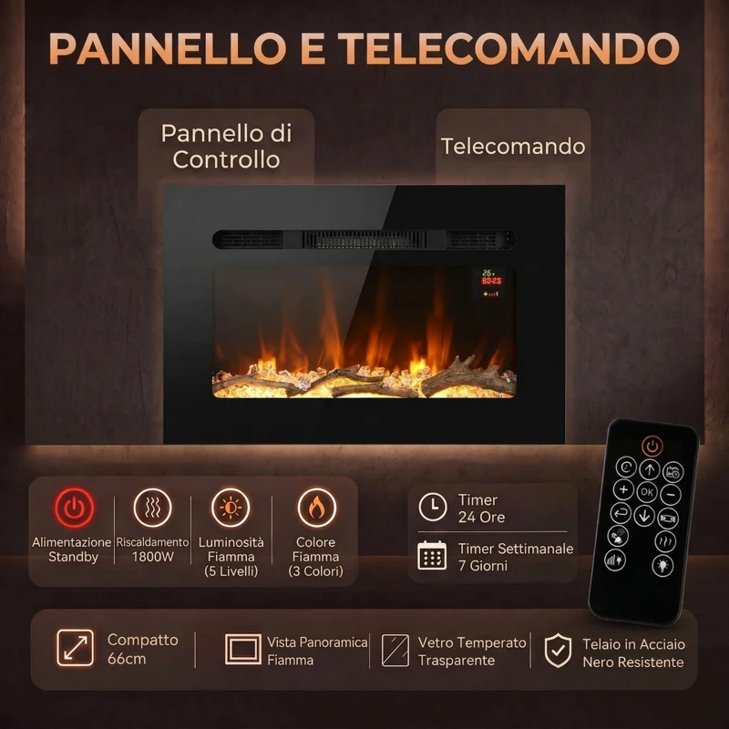 HOMCOM Caminetto Elettrico 60 cm da Incasso o Parete, 1800W, Timer, Fiamma Regolabile e Telecomando, Nero