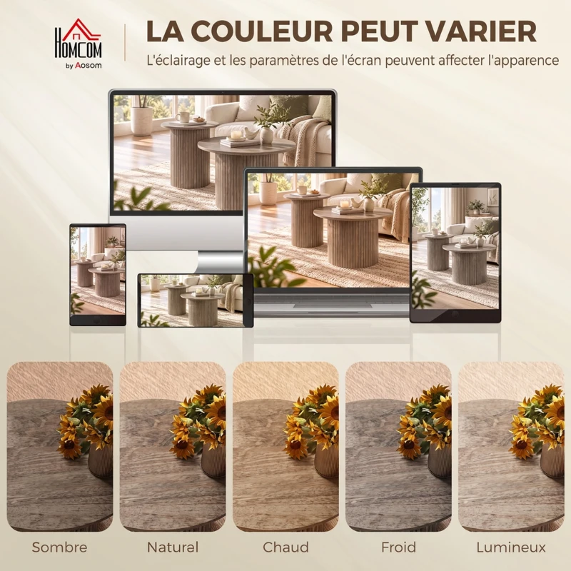 HOMCOM Lot de 2 Tables Basses Rondes en Bois, Table d'Appoint Moderne avec Base en Colonne Cannelée, Effet Bois Café Vieilli