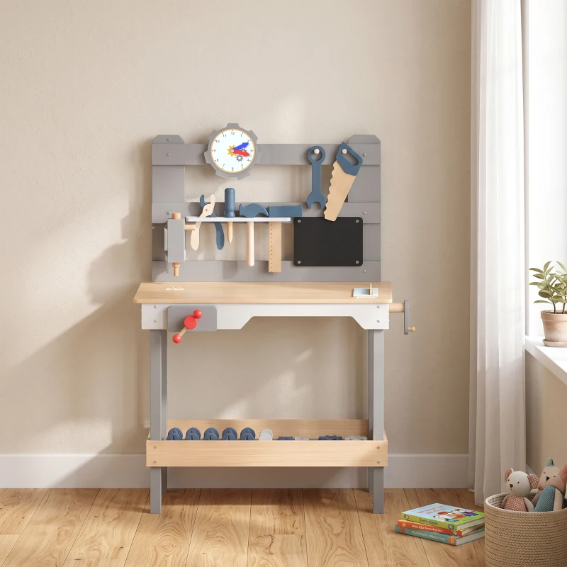 AIYAPLAY Banco da Lavoro per Bambini in Legno con Set di Attrezzi 15 Pezzi, Orologio, Lavagna, Ripiano, 3-6 Anni, Grigio