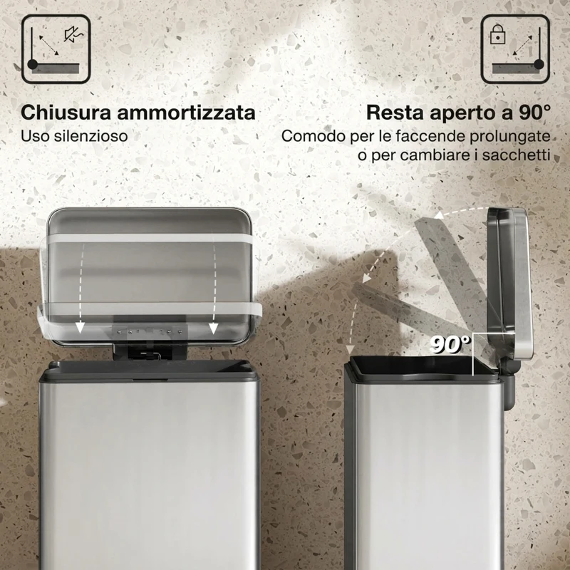 HOMCOM Pattumiera Rettangolare a Pedale 20L in Metallo con Secchio Interno Rimovibile, Chiusura Ammortizzata, Argento