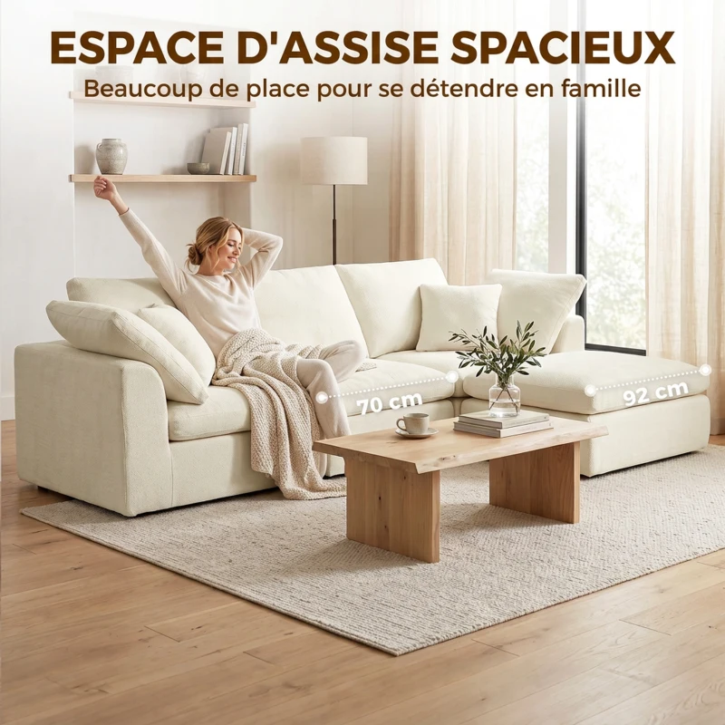 HOMCOM Canapé 3 Places avec Pouf Réversible, Canapé d'Angle Modulable en Chenille 254 cm Moderne, Assise Large, Crème