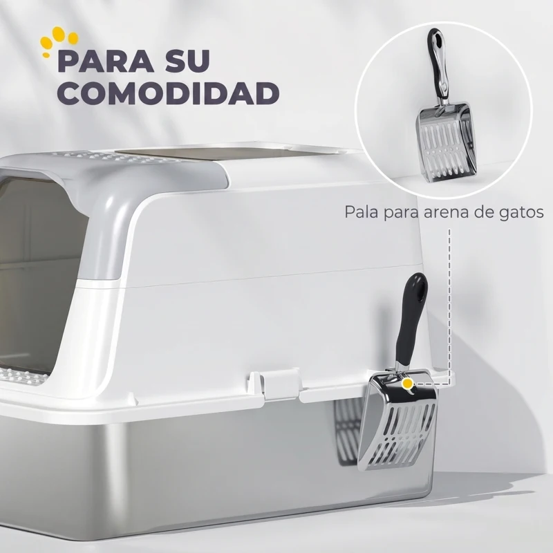 PawHut Arenero para Gatos de Acero Inoxidable XL con Tapa Abatible Caja de Arena Cerrada Borde Alto 2 Entradas Pala Metálica