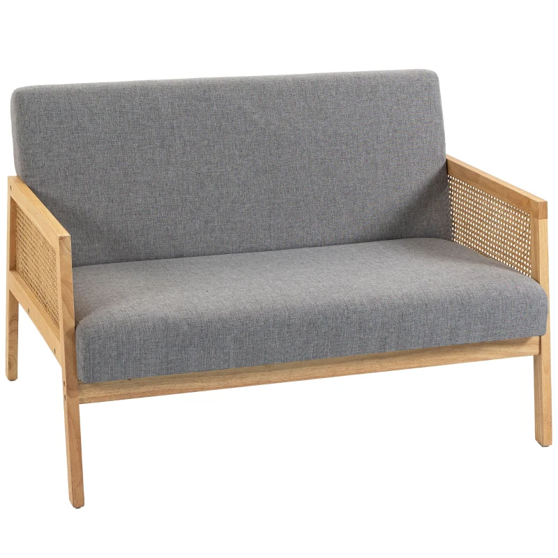 HOMCOM 2-Sitzer-Sofa mit Leinenoptikbezug und synthetischen Rattan-Details, Holzgestell, Tragkraft 240 kg, 115x77x77 cm, Grau