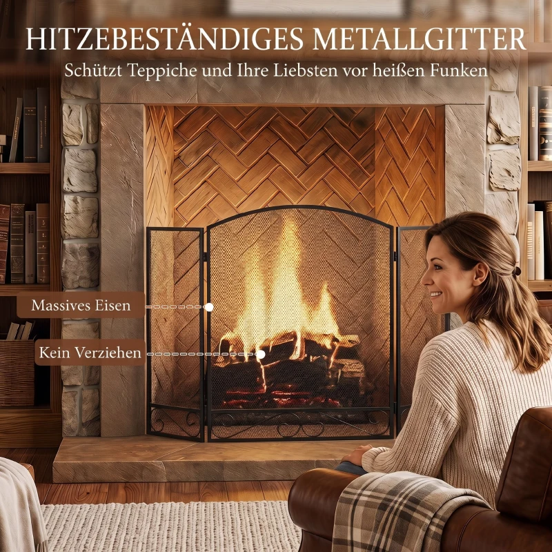 HOMCOM Kaminschutzgitter, faltbarer 3-teiliger Funkenschutz aus Metall für Wohn- und Schlafzimmer, 123 x 70 cm, Schwarz