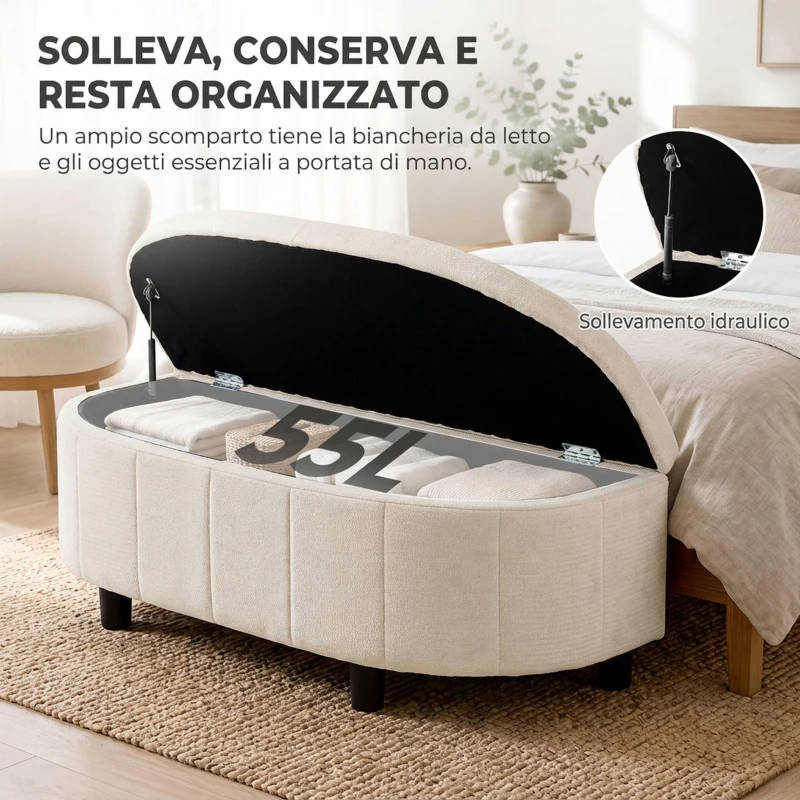 HOMCOM Panca Contenitore Semicircolare in Ciniglia 118x45x44cm, Seduta Imbottita 2 Posti, Coperchio Sollevabile, Crema
