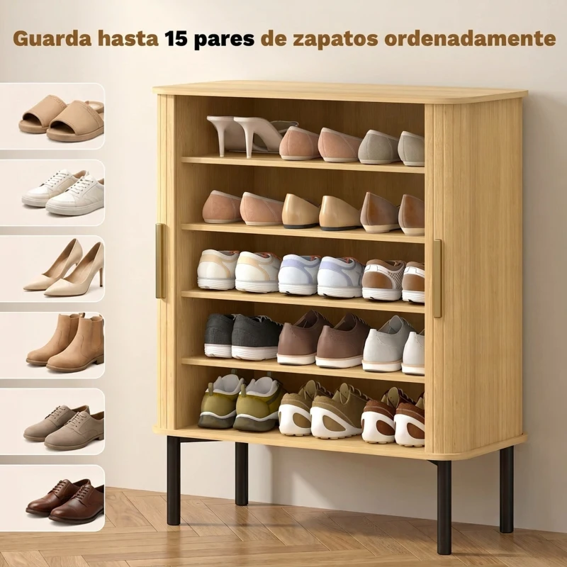 HOMCOM Zapatero de 5 Niveles con Puertas Correderas 4 Estantes Ajustables y Compartimentos Laterales Roble