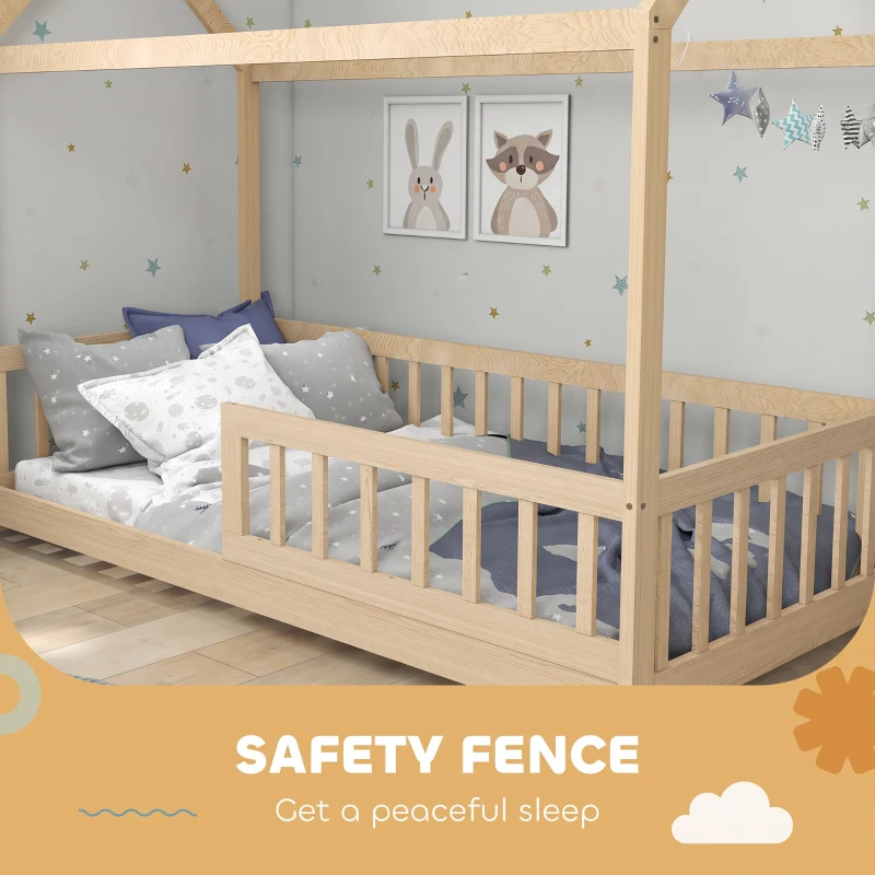 HOMCOM House-Shaped Kids Bed Frame with Guard Rails, Solid Pine Wood Single Bed Frame for Kids Boys and Girls, Natural