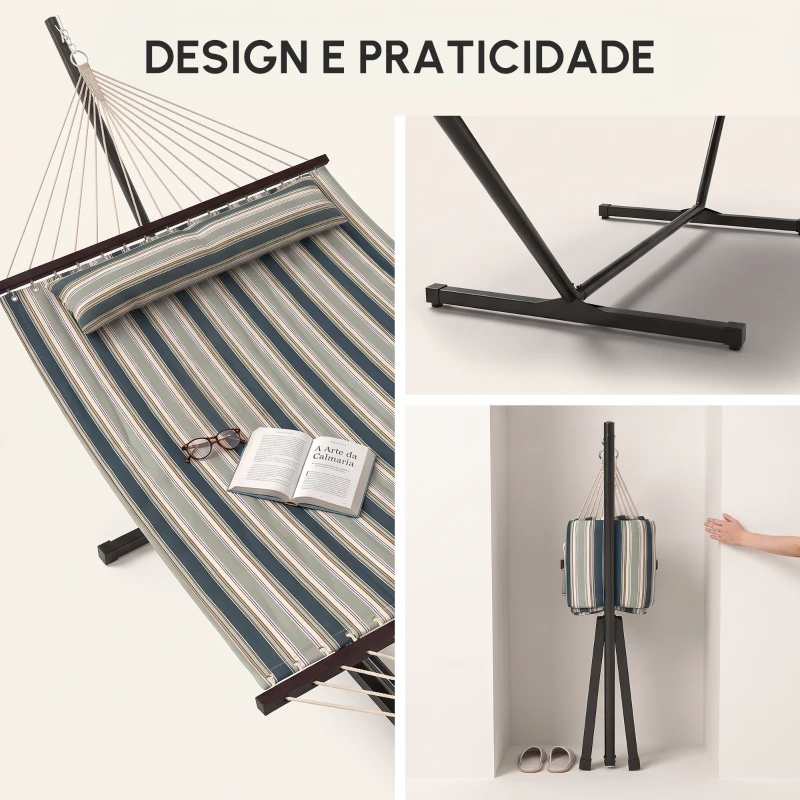 Outsunny Cama Rede com Suporte Portátil Almofada Removível Barras Estabilizadoras Exterior 353x94x115 cm Verde
