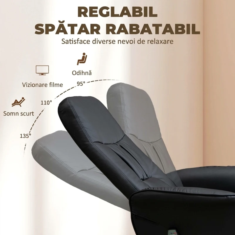HOMCOM Fotoliu Relaxant cu Suport pentru Picioare, Reclinabil 145° cu Șezut Rotativ, cu 10 Puncte de Masaj, Negru
