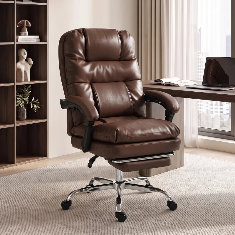 HOMCOM Chaise de bureau ergonomique avec repose-pieds PU ressorts ensachés inclinable 155° dossier haut appui-tête marron