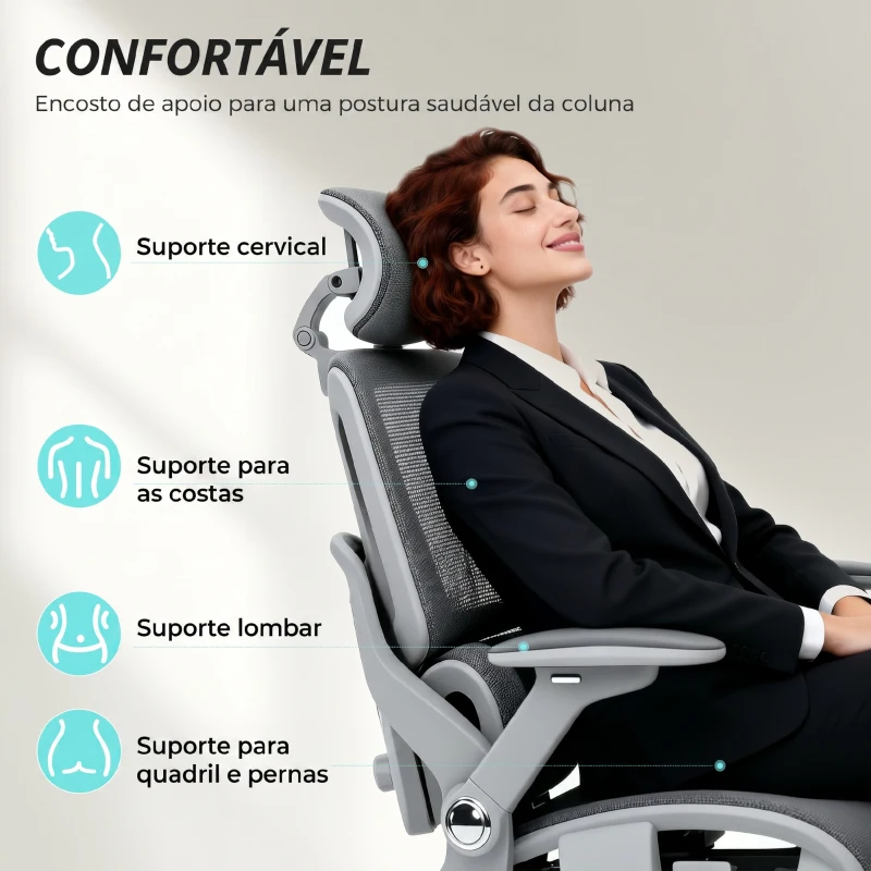 HOMCOM Cadeira de Escritório Ergonômica com Apoios de Braço 4D, Apoio de Cabeça e Profundidade do Assento Ajustáveis Malha Cinza