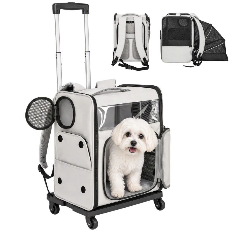 PawHut Transportor pentru Câini Și Pisici cu Roți, Mâner Telescopic, 2 Ferestre din Plasă, până la 5 kg, Gri
