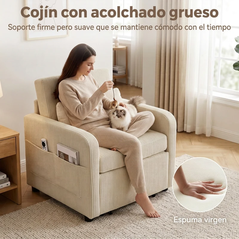 HOMCOM Sofá Cama 1 Plaza Convertible 3 en 1 de Pana con Respaldo Ajustable Almohada Extraíble para Salón Dormitorio Beige