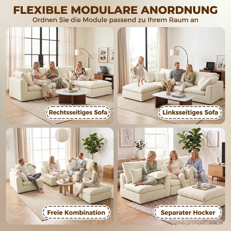 HOMCOM Modulares Ecksofa mit wendbarer Ottomane, wolkenweiches Chenille-Sofa in L-Form, breite Sitzfläche, cremeweiß