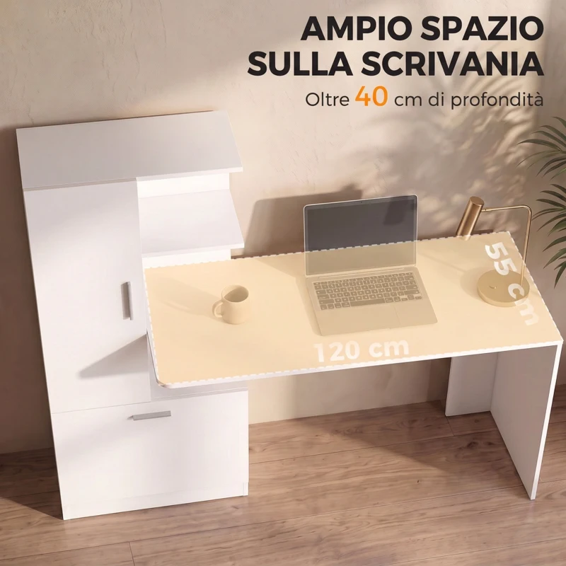 HOMCOM Scrivania per Computer con Libreria e Armadietto, 150 cm, Bianco