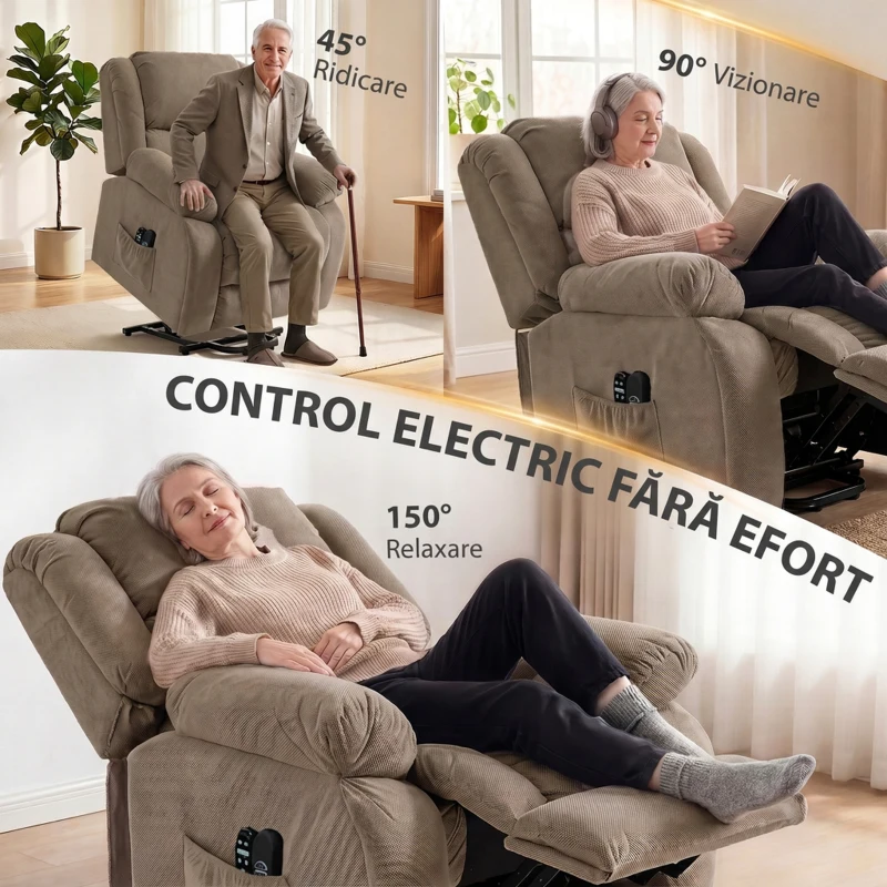 HOMCOM Fotoliu electric cu ridicare asistată, reclinabil 150°, șezut lat, cu masaj și încălzire, catifea, maro deschis