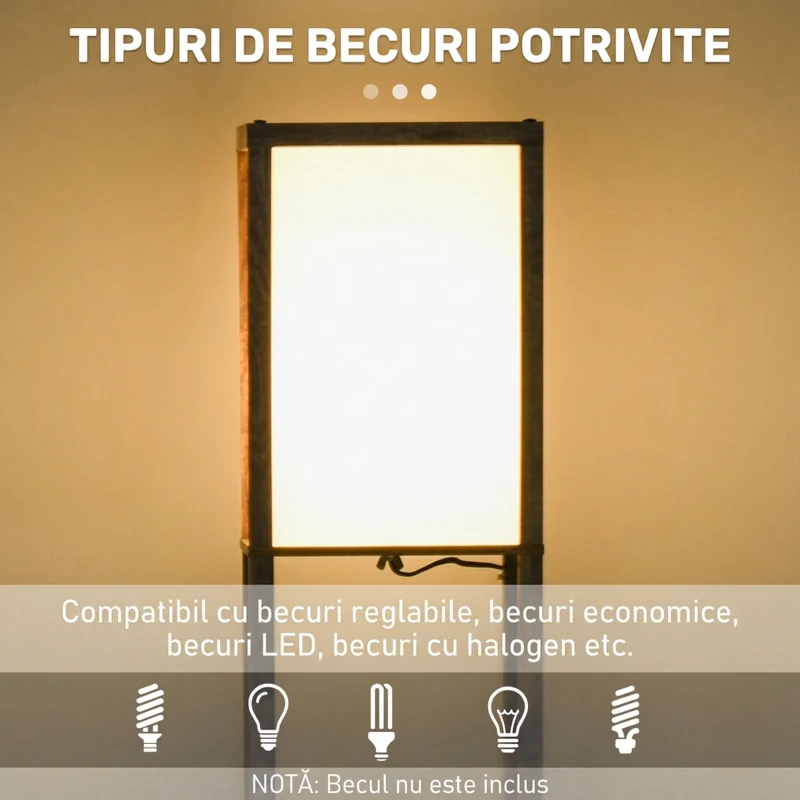 HOMCOM Lampadar cu 3 rafturi integrate, soclu E27, putere 40W, 26x26x160cm, culoare lemn