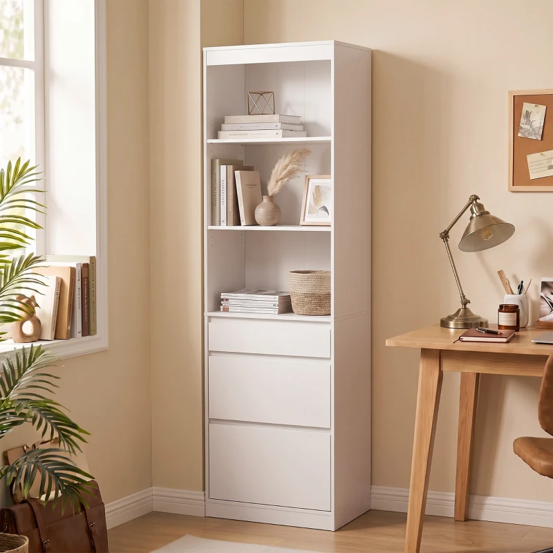 HOMCOM Bookcase with Drawers Adjustable Shelves Book Shelf for Study Living Room White