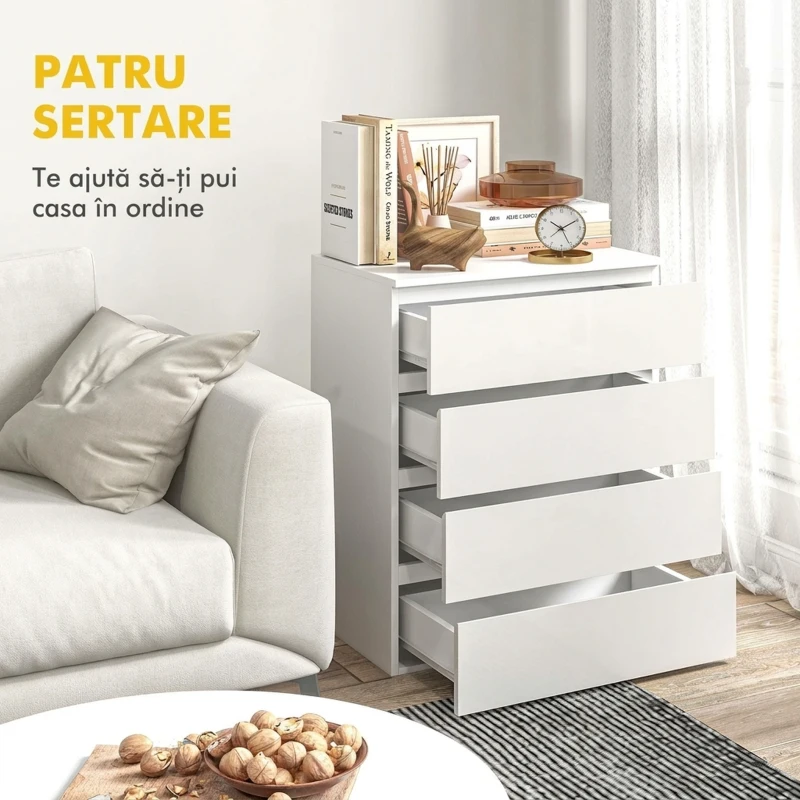 HOMCOM Comodă cu 4 Sertare din PAL cu Șine Metalice și Margini Înclinate, 60x40x80 cm, Alb(m-5)