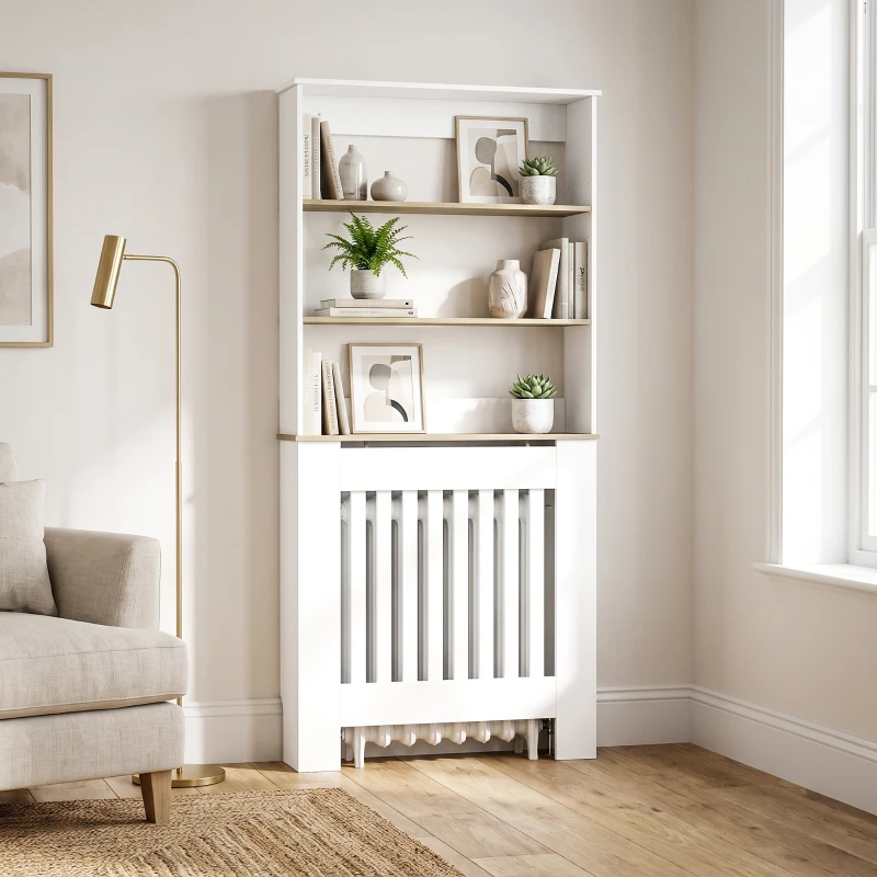 HOMCOM Copritermosifoni a Doghe a 3 Ripiani, Copri Termosifone Moderno in MDF per Soggiorno, 78x19x165 cm, Bianco
