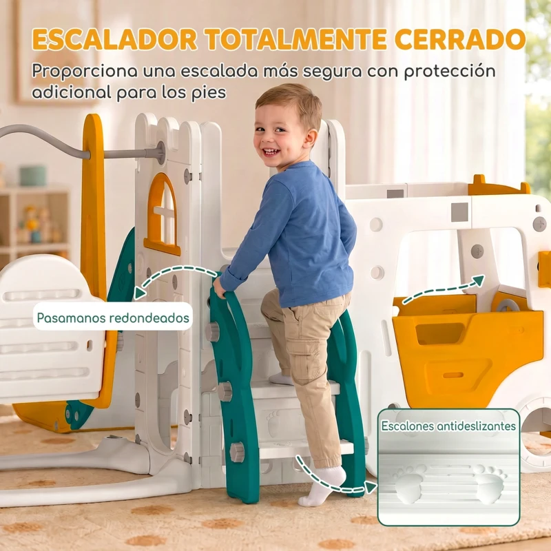 AIYAPLAY Columpio y Tobogán Parque Infantil 7 en 1 Tema de Coche Tobogán Largo Volante con Claxon Almacenaje 1-4 Años Blanco