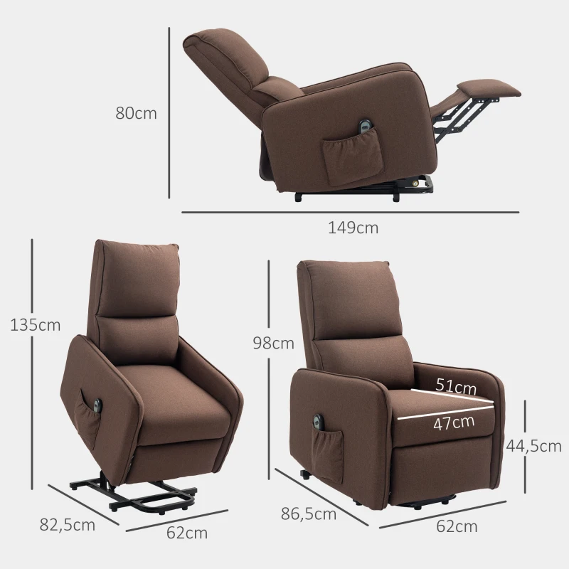 HOMCOM Elektrischer Relax-Sessel mit Aufstehhilfe Leinenoptik Fernbedienung Taschenfeder Fußstütze Braun