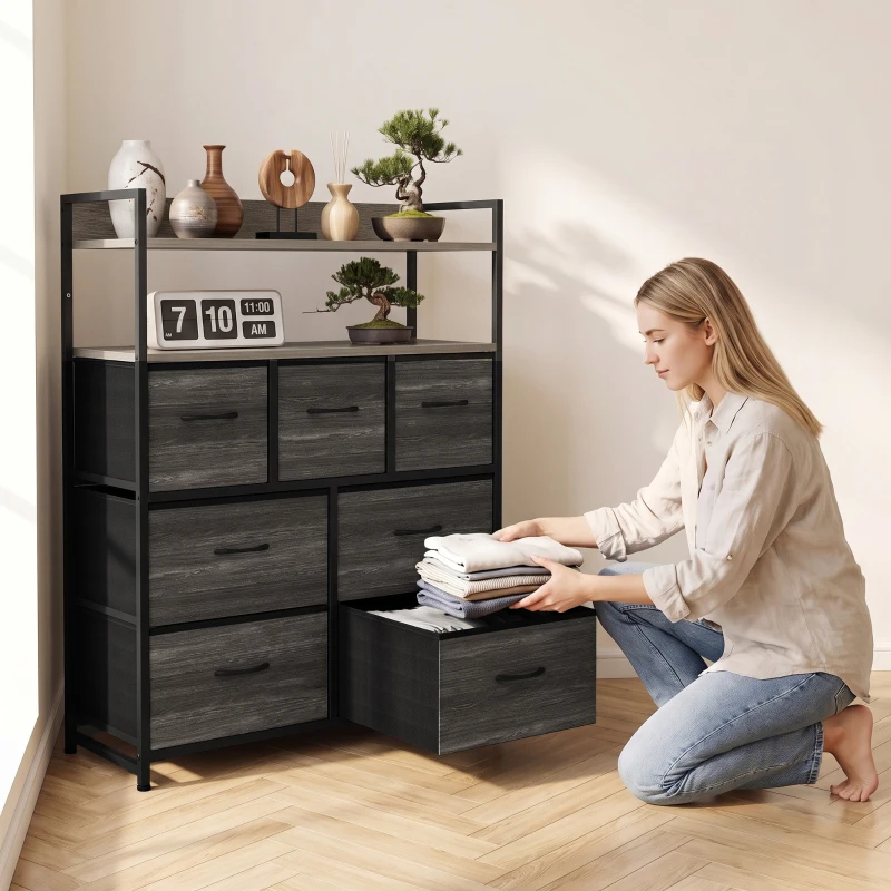 HOMCOM Chest of Drawers, Bedroom Fabric Dresser with 7 Drawers, Storage Organiser Unit with Open Shelves, Grey Wood-Effect
