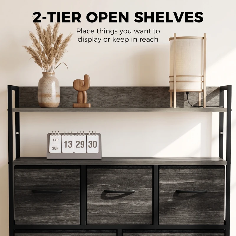 HOMCOM Chest of Drawers, Bedroom Fabric Dresser with 7 Drawers, Storage Organiser Unit with Open Shelves, Grey Wood-Effect