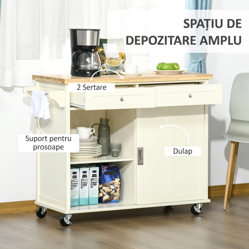HOMCOM Insulă de Bucătărie pentru Ustensile și Accesorii cu Sertare, Dulap și Suport pentru Prosoape, 110x49.5x89.5 cm, Alb