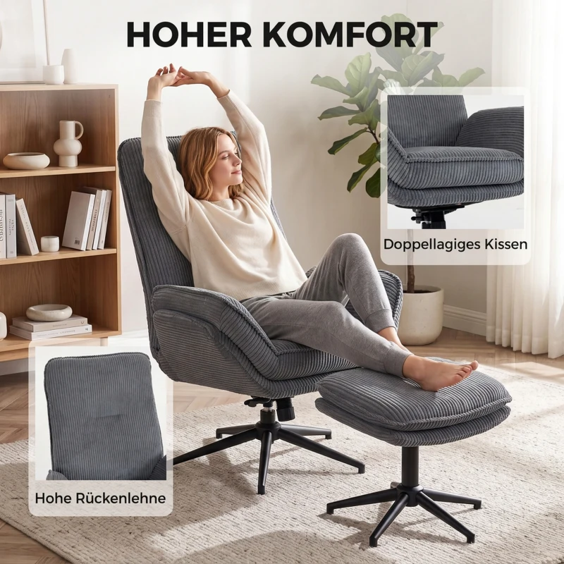 HOMCOM Relaxfauteuil met 130° ligfunctie, tv-fauteuil met hocker en stalen frame, grijs