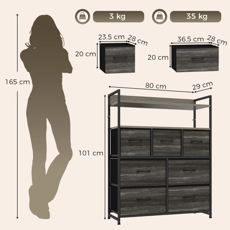 HOMCOM Chest of Drawers, Bedroom Fabric Dresser with 7 Drawers, Storage Organiser Unit with Open Shelves, Grey Wood-Effect