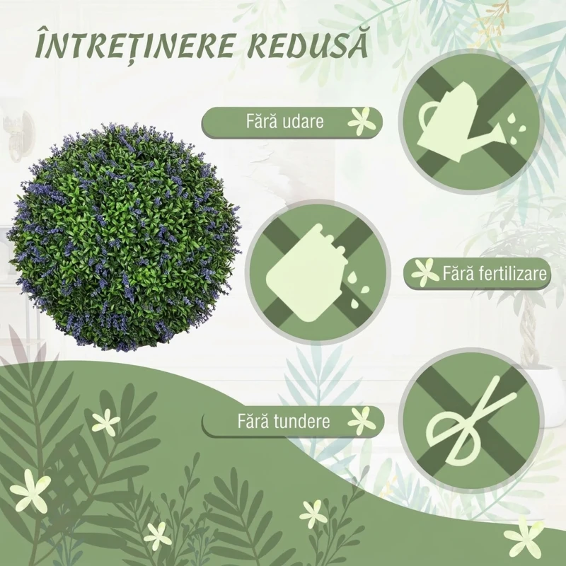 HOMCOM Set de 2 plante artificiale sferice cu flori de lavandă pentru casă și grădină Ø42cm, verde și violet