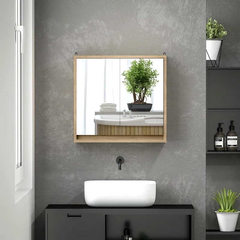 HOMCOM Dulap de Baie cu Oglindă, 2 Uși și Raft Reglabil, 48 x 14,5 x 45 cm, Culoarea Lemnului