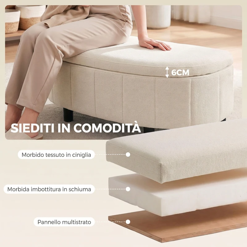HOMCOM Panca Contenitore Semicircolare in Ciniglia 118x45x44cm, Seduta Imbottita 2 Posti, Coperchio Sollevabile, Crema