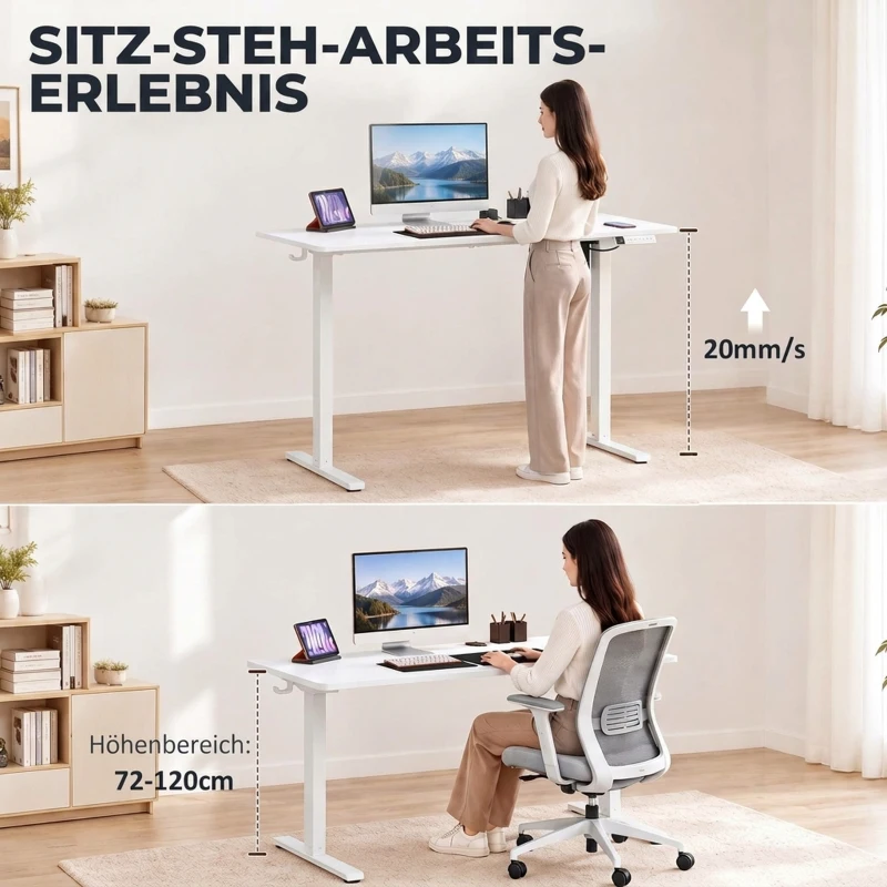 HOMCOM Elektrischer Stehschreibtisch höhenverstellbar mit LCD-Display, Kabeldurchführungen & Haken, Weiß